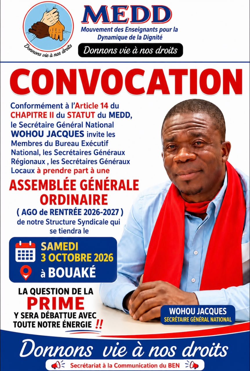 Convocation à l'Assemblée Générale Ordinaire de rentrée 2026-2027, le 3 octobre 2026 à Bouaké