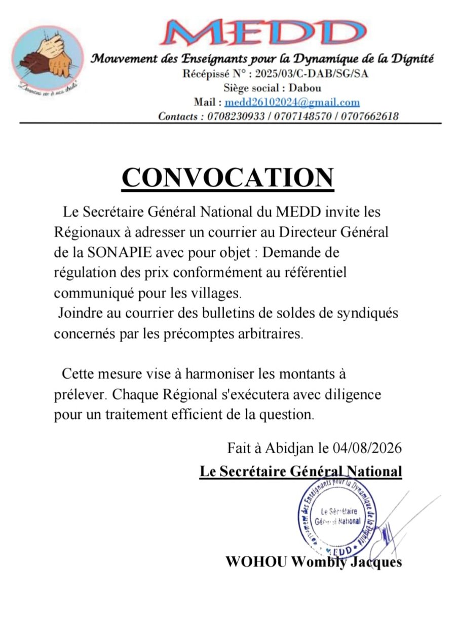 Convocation relative au courrier à adresser à la SONAPIE concernant la régulation des prix